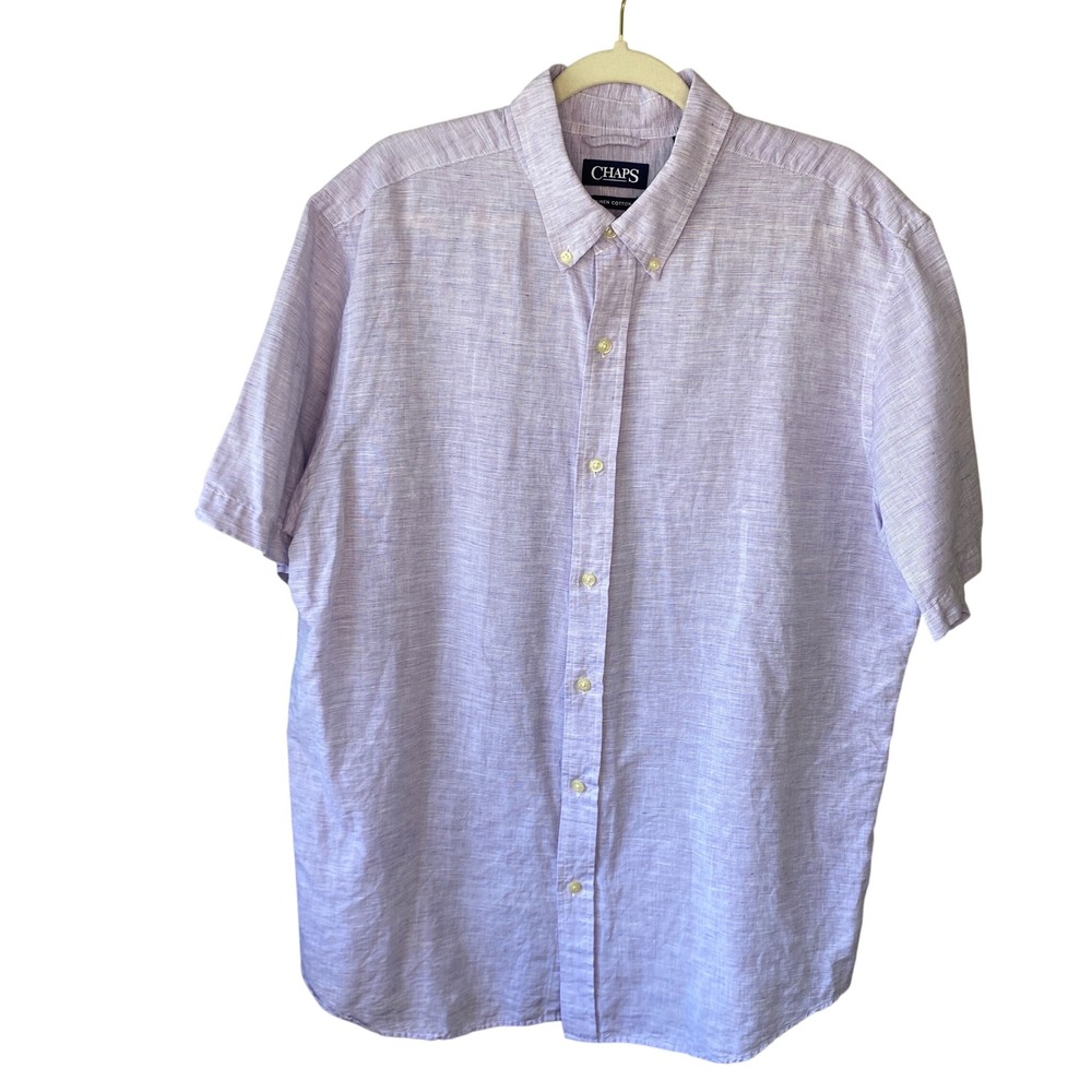 Chaps Mens XL Purple Linen Cotton‎ Blend Short Sleeve Button Down Shirt Slub